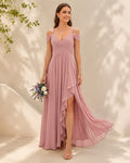 XU00129 V-Neck Cold-Shoulder Off-Shoulder Straps Pleated Wrap Bodice V-Back A-Line High-Low Hem Floor-Length Chiffon Bridesmaid Dress - Front - Dusty Rose