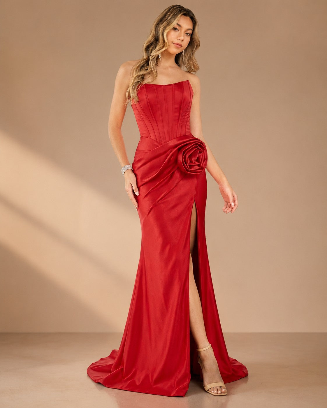 XU00126 Strapless Straight Neckline Structured Bodice 3D Rosette Side Drape Corset Lace-Up Back Mermaid Side Slit Sweep Train Satin Bridesmaid Dress - Front - Red