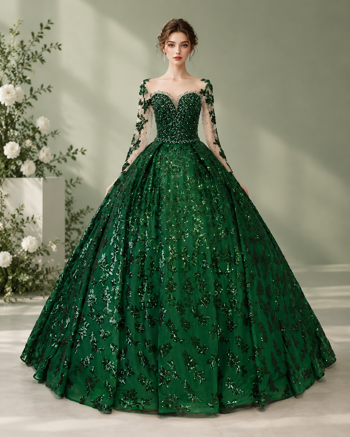 Emerald Green Beaded Corset Bodice Illusion Sleeves Sequin Floral Tulle Ball Gown - Front View Model