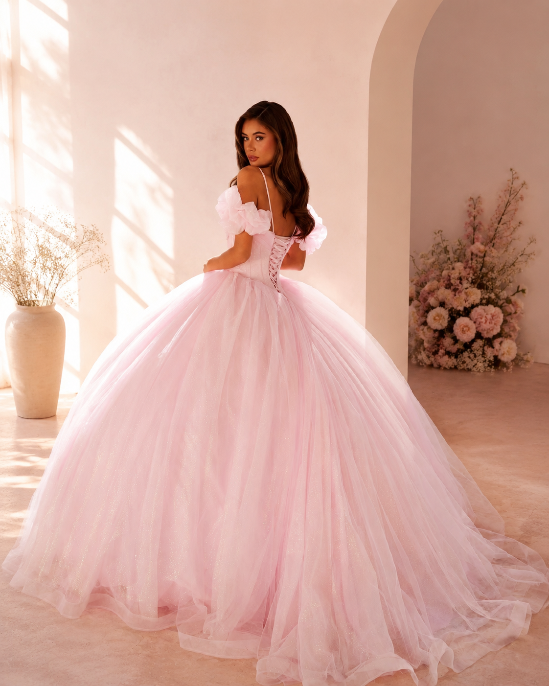 Off-the-Shoulder Glitter Tulle Quinceanera Ball Gown XU00038