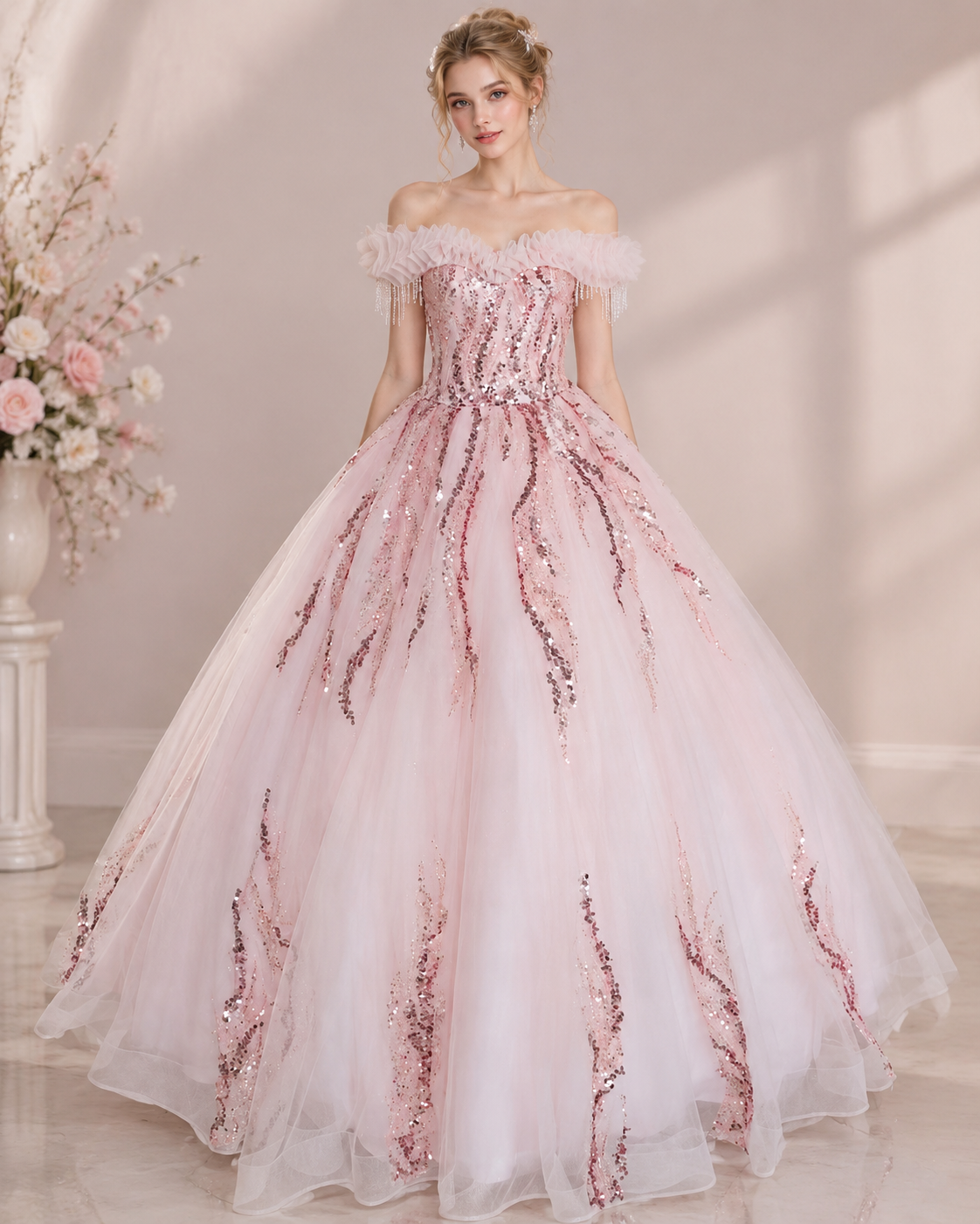 Pink Glitter Tulle Off-Shoulder Sequin Ball Gown - Front View Model