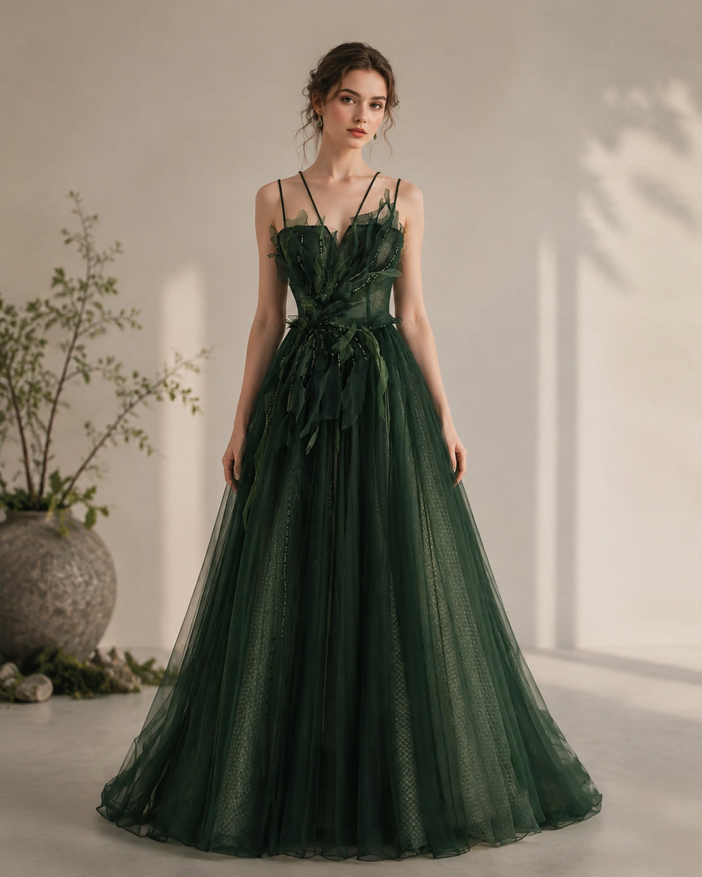 Dark Green Tulle Spaghetti Strap Leaf Appliqué Evening Gown - Front View Model