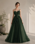 Dark Green Tulle Spaghetti Strap Leaf Appliqué Evening Gown - Front View Model
