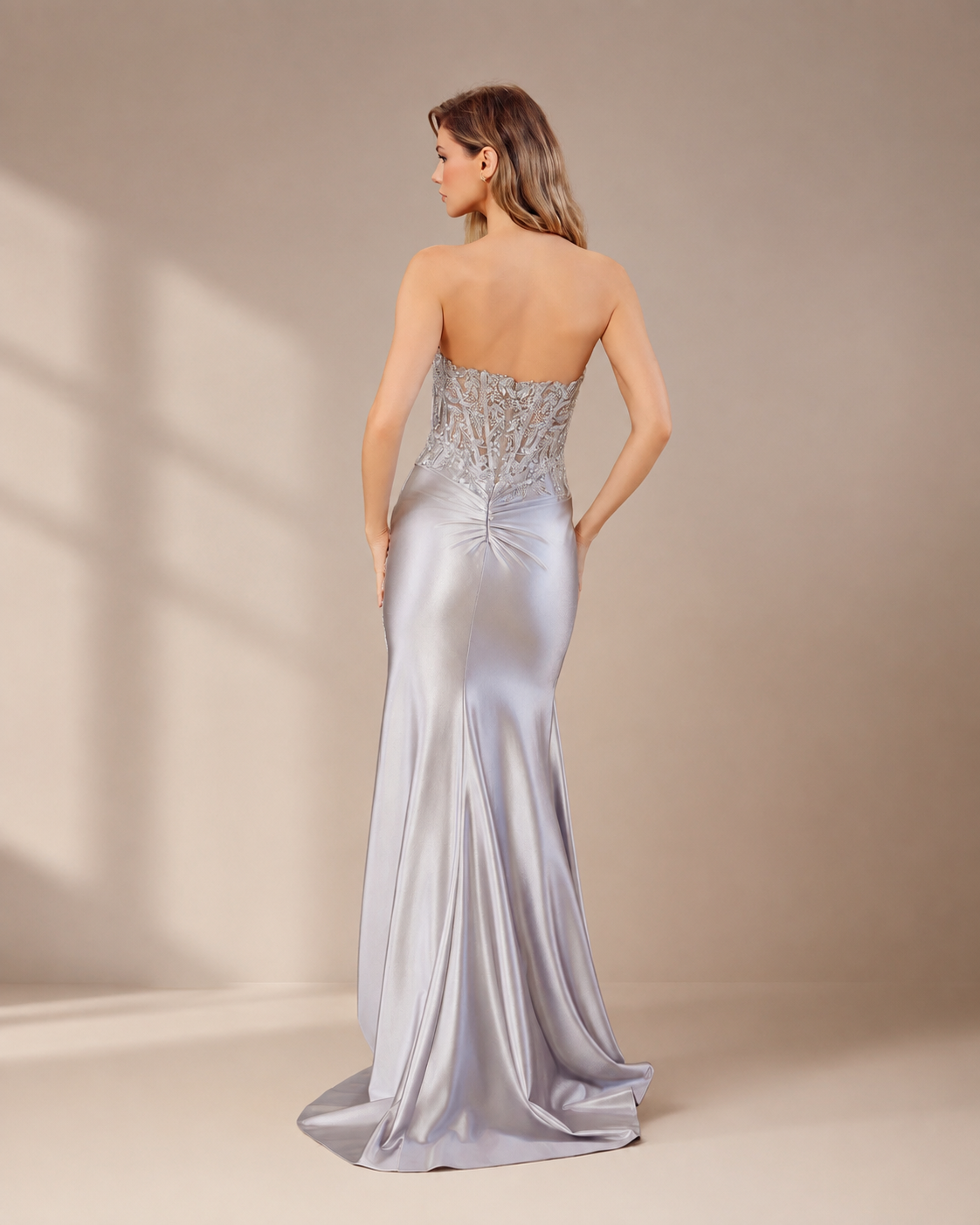 Strapless Sheer Sequin Corset Side Slit Long Prom Dress XU00052