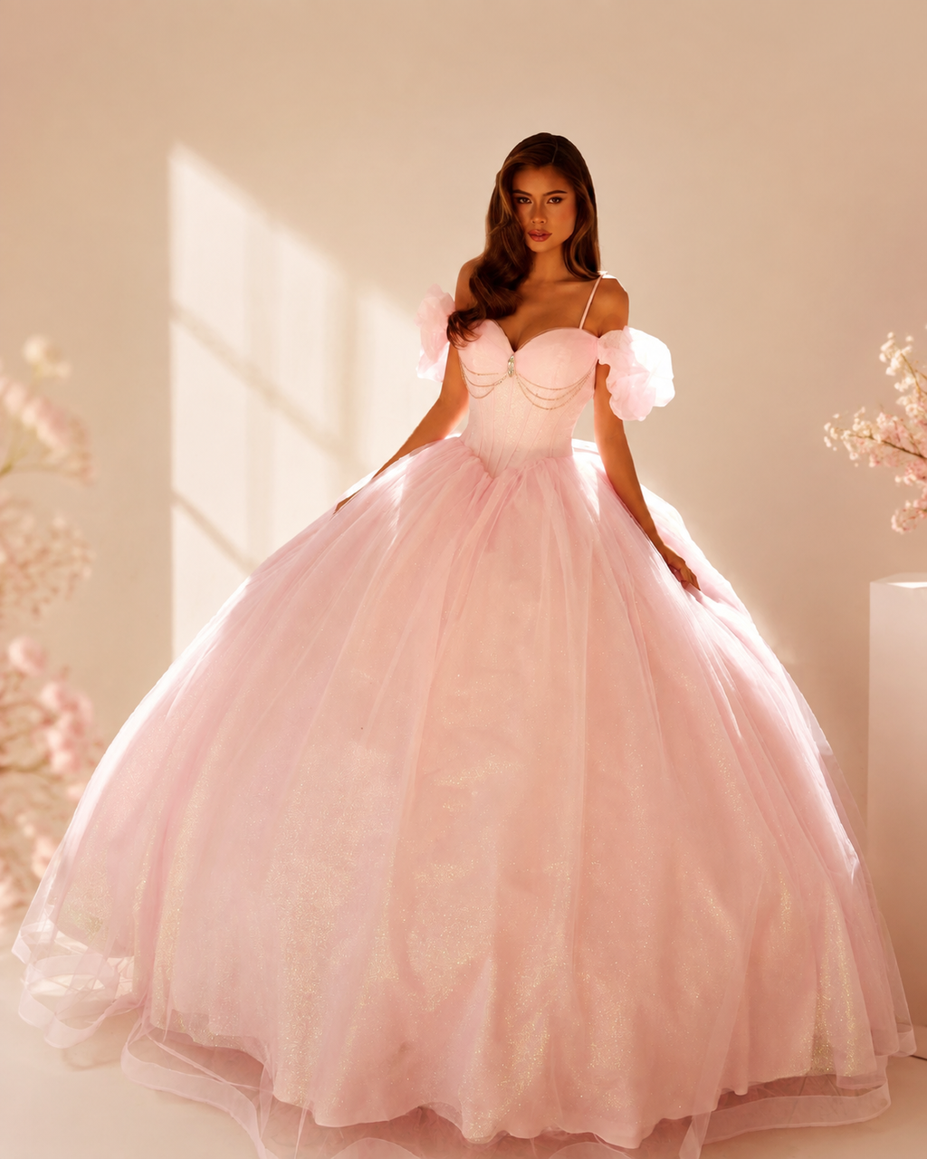Off-the-Shoulder Glitter Tulle Quinceanera Ball Gown XU00038