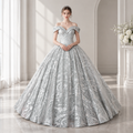 Silver Glitter Tulle Sequined Paisley Off-Shoulder Ball Gown - Front View Model