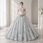 Silver Glitter Tulle Sequined Paisley Off-Shoulder Ball Gown - Front View Model