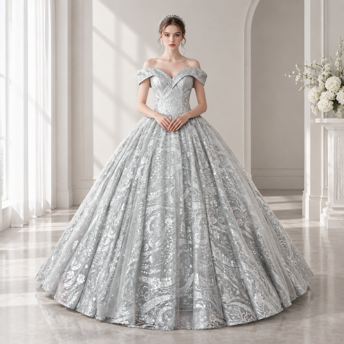 Silver Glitter Tulle Sequined Paisley Off-Shoulder Ball Gown - Front View Model