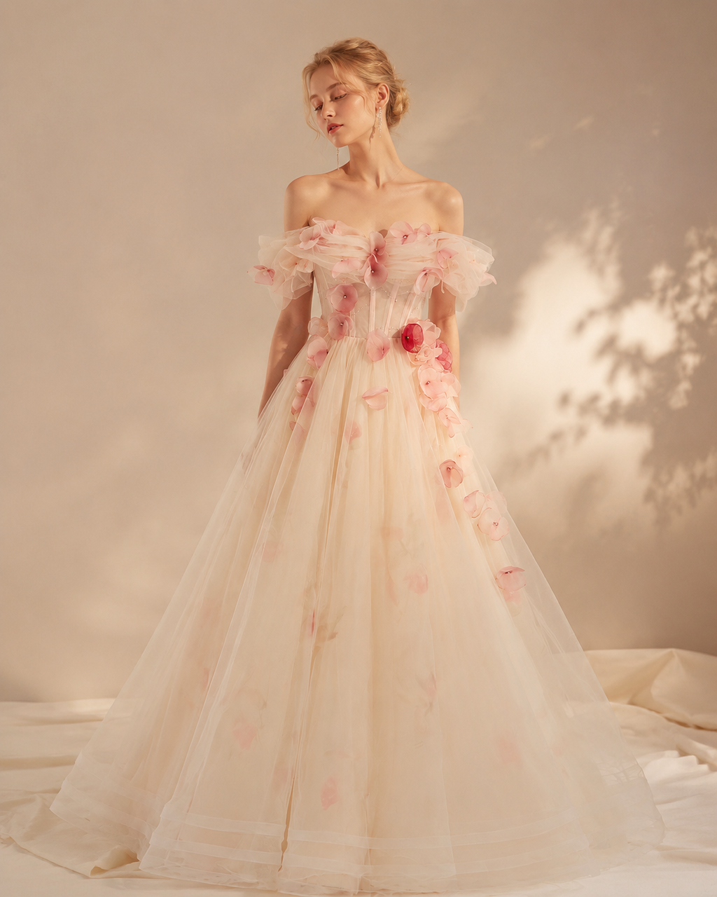 Off-Shoulder Champagne Tulle 3D Floral Evening Gown - Front View Model
