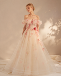 Off-Shoulder Champagne Tulle 3D Floral Evening Gown - Front View Model