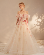 Off-Shoulder Champagne Tulle 3D Floral Evening Gown - Front View Model