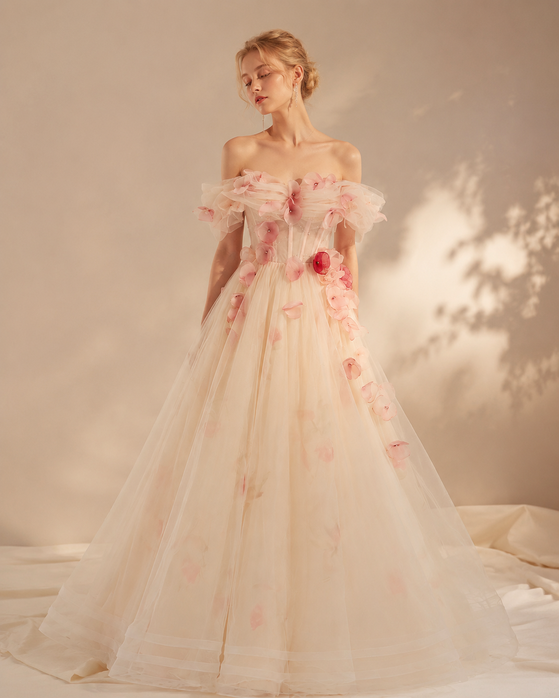 Off-Shoulder Champagne Tulle 3D Floral Evening Gown - Front View Model
