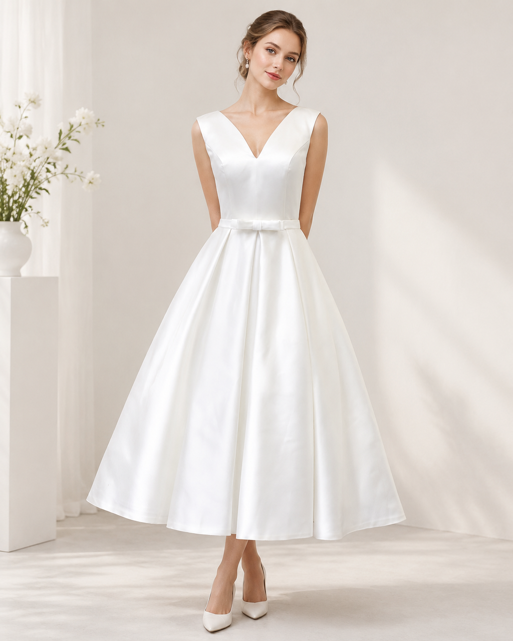 Ivory Satin V-Neck A-Line Tea-Length Bridesmaid Dress - Front View Model