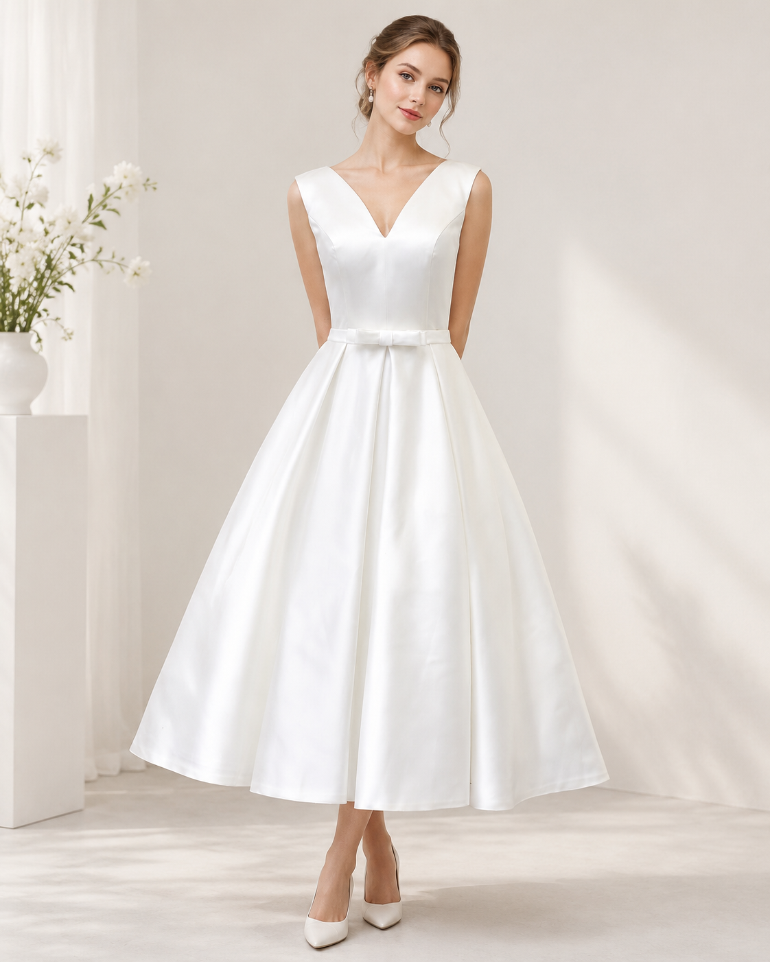 Ivory Satin V-Neck A-Line Tea-Length Bridesmaid Dress - Front View Model