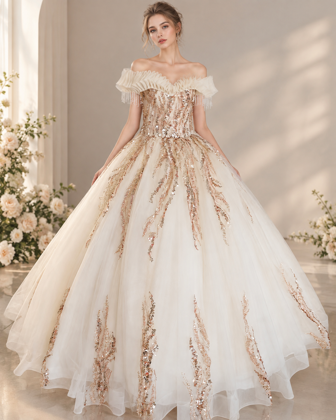 Ivory Champagne Glitter Tulle Off-Shoulder Sequin Ball Gown - Front View Model