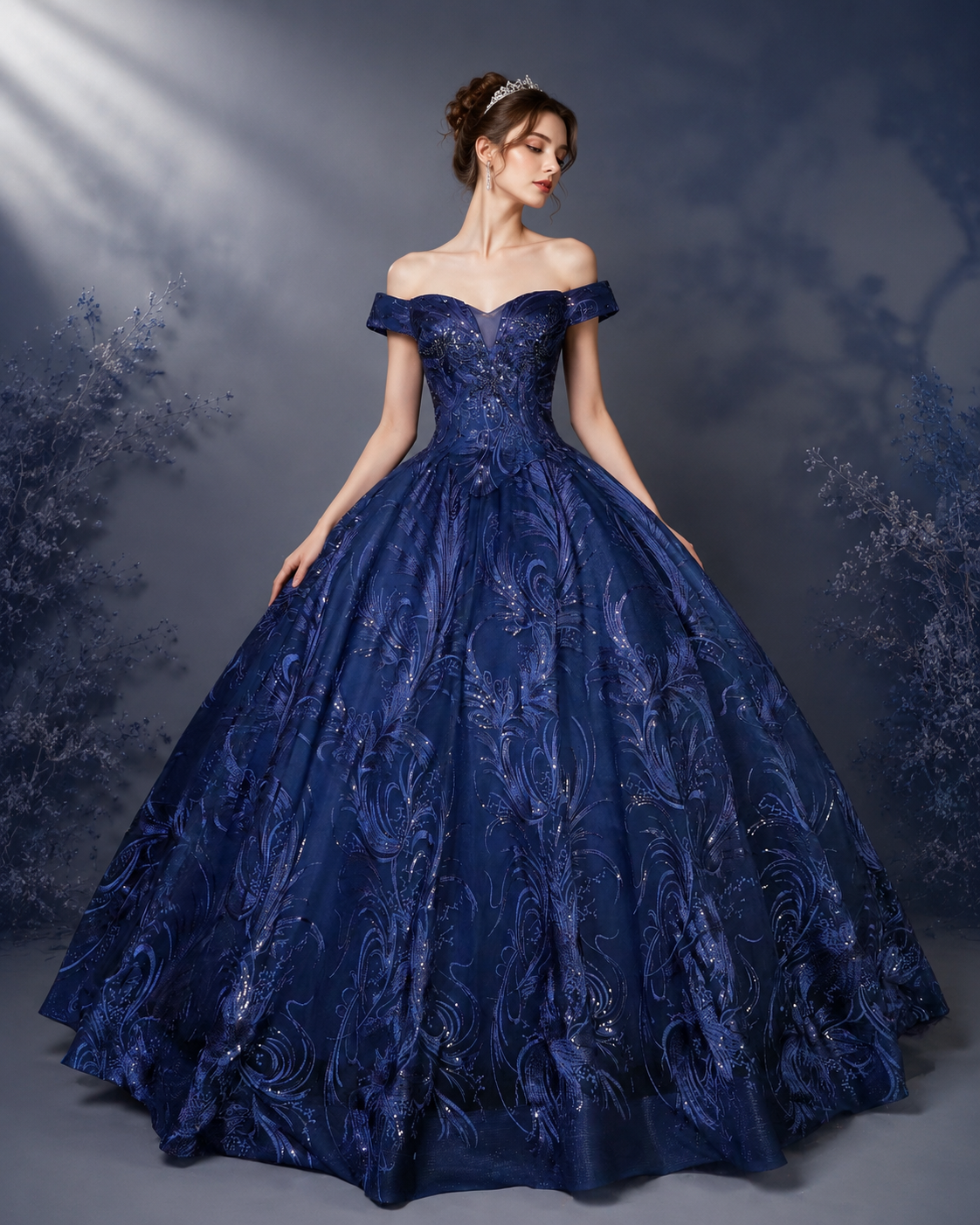 Navy Blue Sequin Peacock Feather Ball Gown - Front View Model