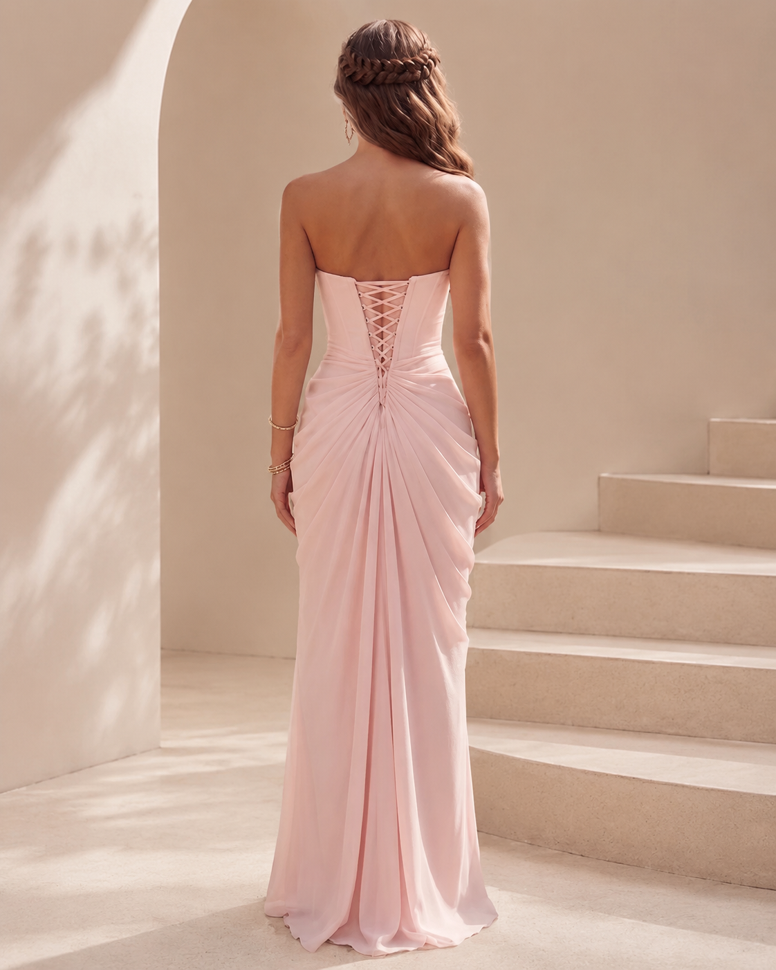 XU00131 Strapless Straight Ruched Bodice Corset Lace-Up Back Mermaid Side Slit Chiffon Bridesmaid - Back - Blush Pink