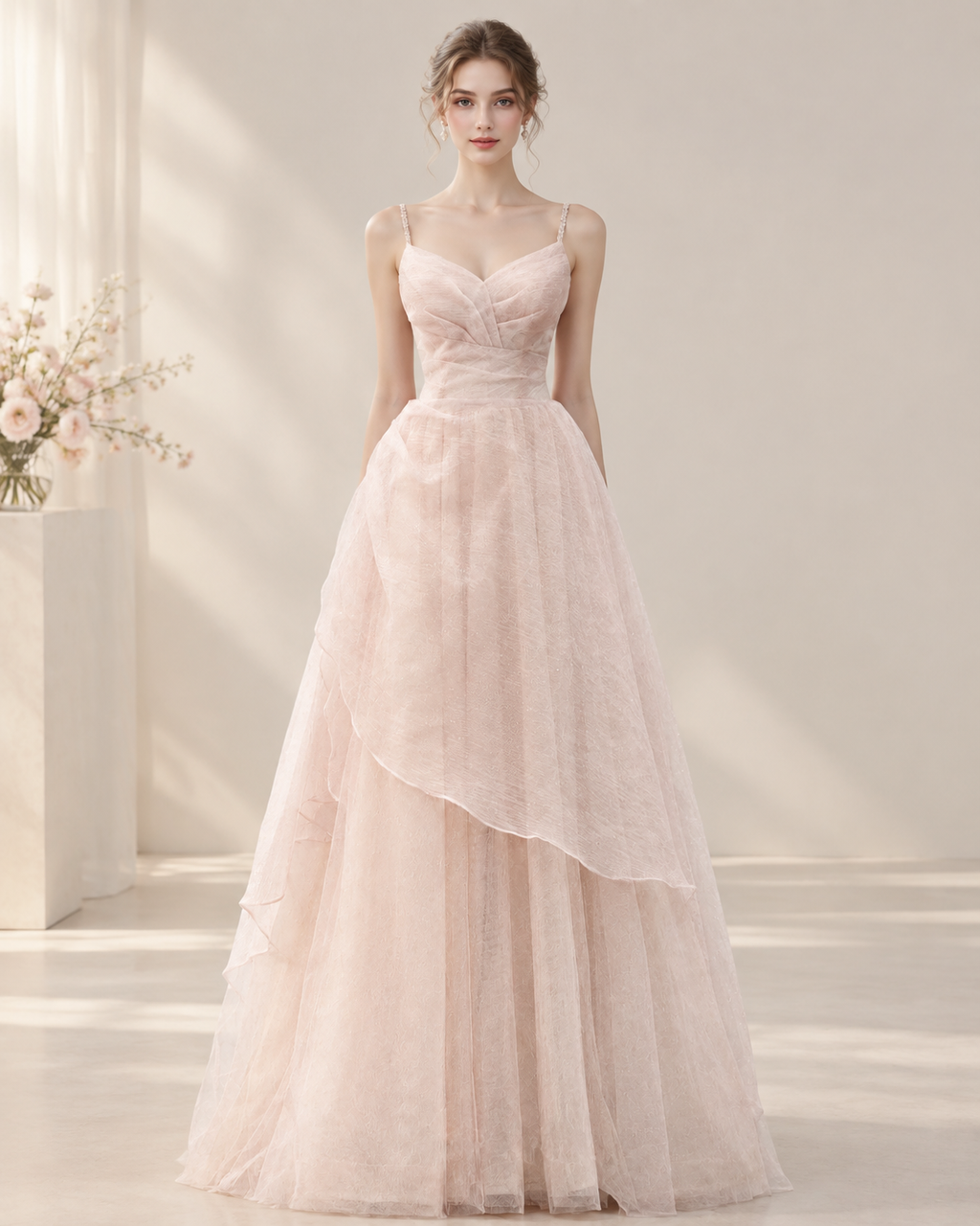 Pink Glitter Tulle Spaghetti Strap Pleated Bodice Lace-Up Back A-Line Gown - Front View Model