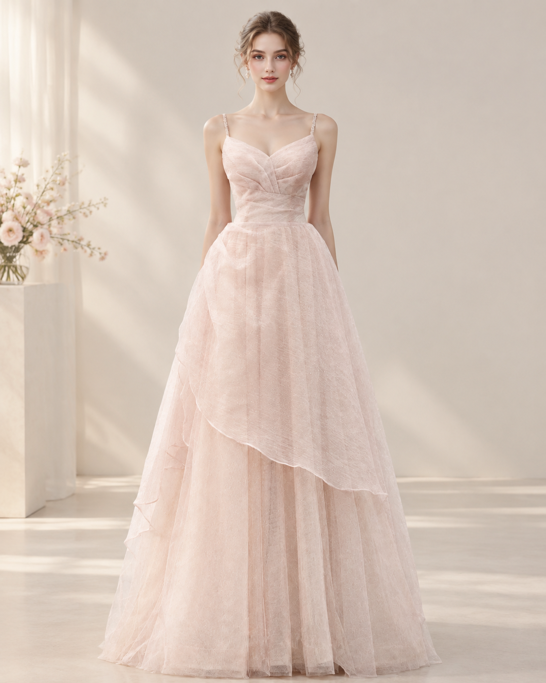 Pink Glitter Tulle Spaghetti Strap Pleated Bodice Lace-Up Back A-Line Gown - Front View Model