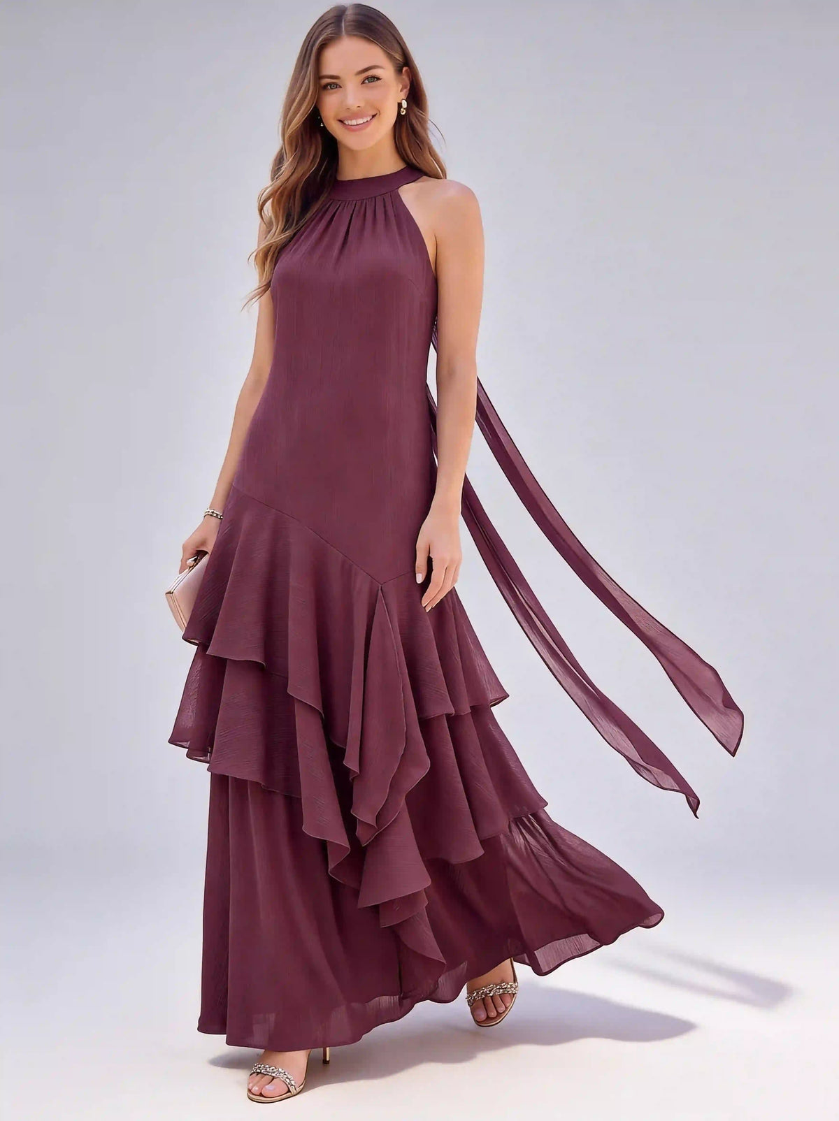 Halter Chiffon A-Line Gown with Ruffles and Scarf XU00006