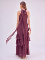 Halter Chiffon A-Line Gown with Ruffles and Scarf XU00006