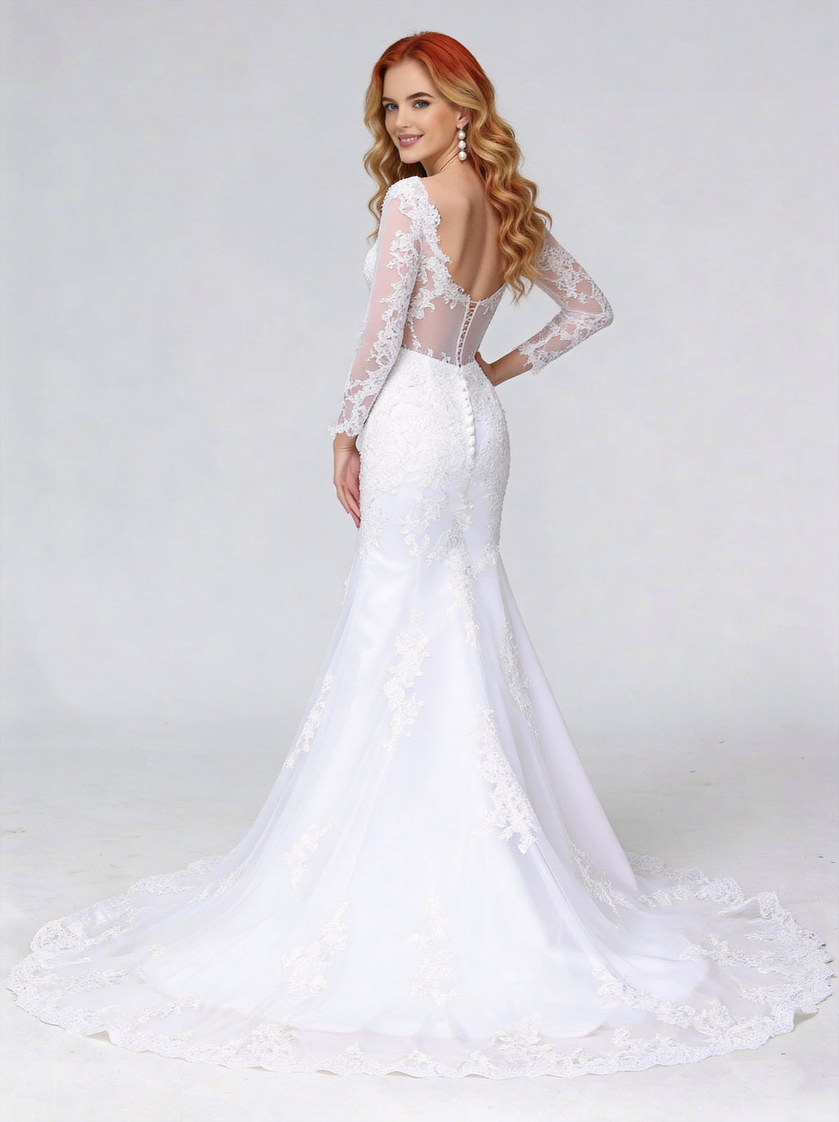 Lace Trumpet Mermaid V-Neck Long Sleeves Wedding Dress with Appliques XU00011
