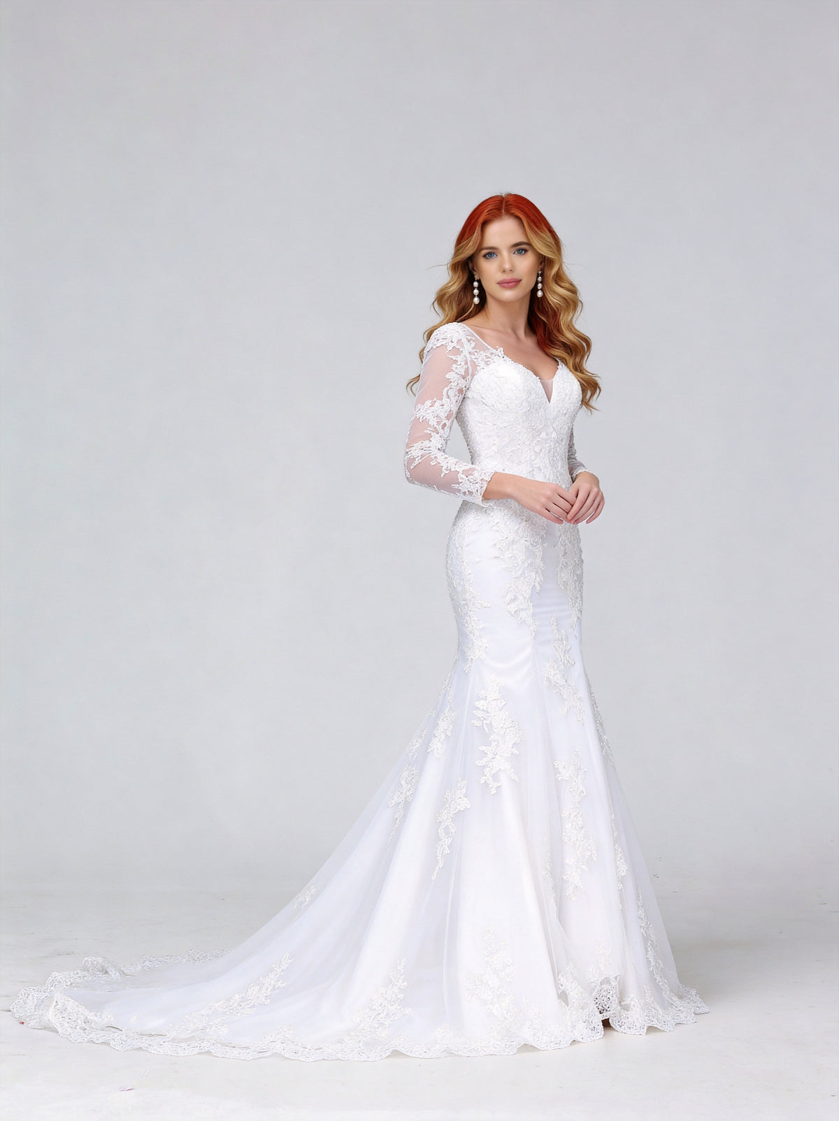 Lace Trumpet Mermaid V-Neck Long Sleeves Wedding Dress with Appliques XU00011