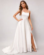 Scoop Neck Sleeveless Satin A-Line Bridesmaid Dress with Side Slit XU00024