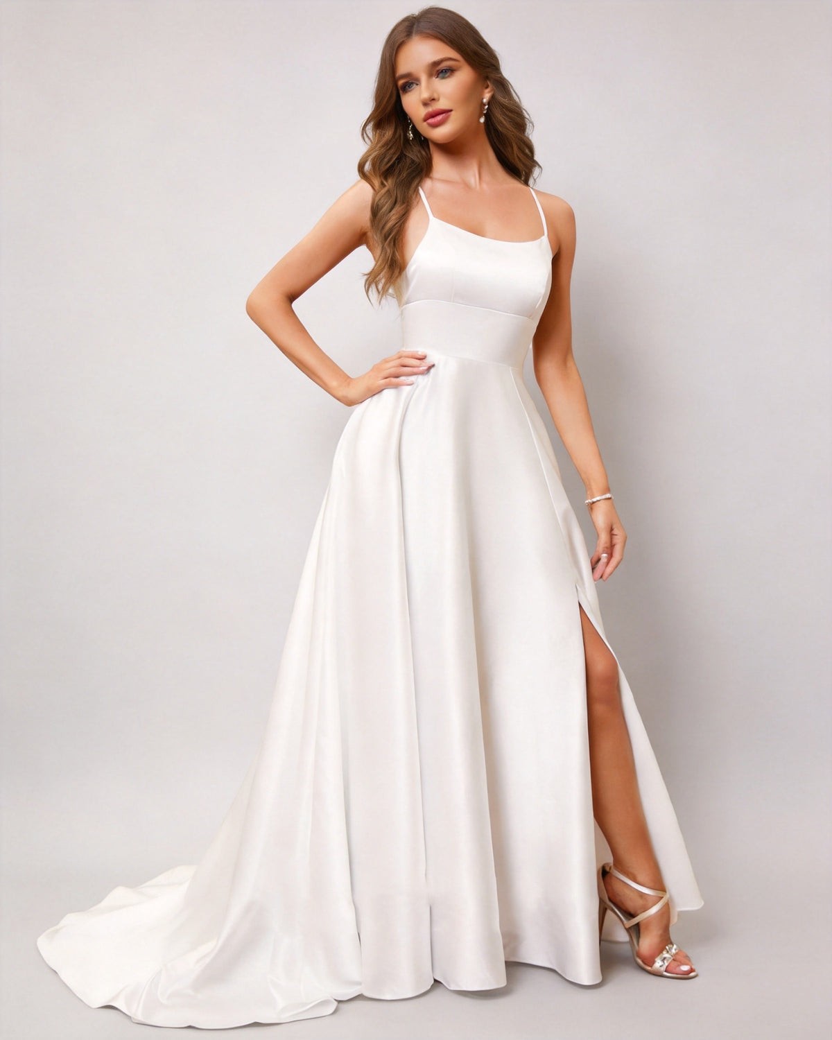 Scoop Neck Sleeveless Satin A-Line Bridesmaid Dress with Side Slit XU00024