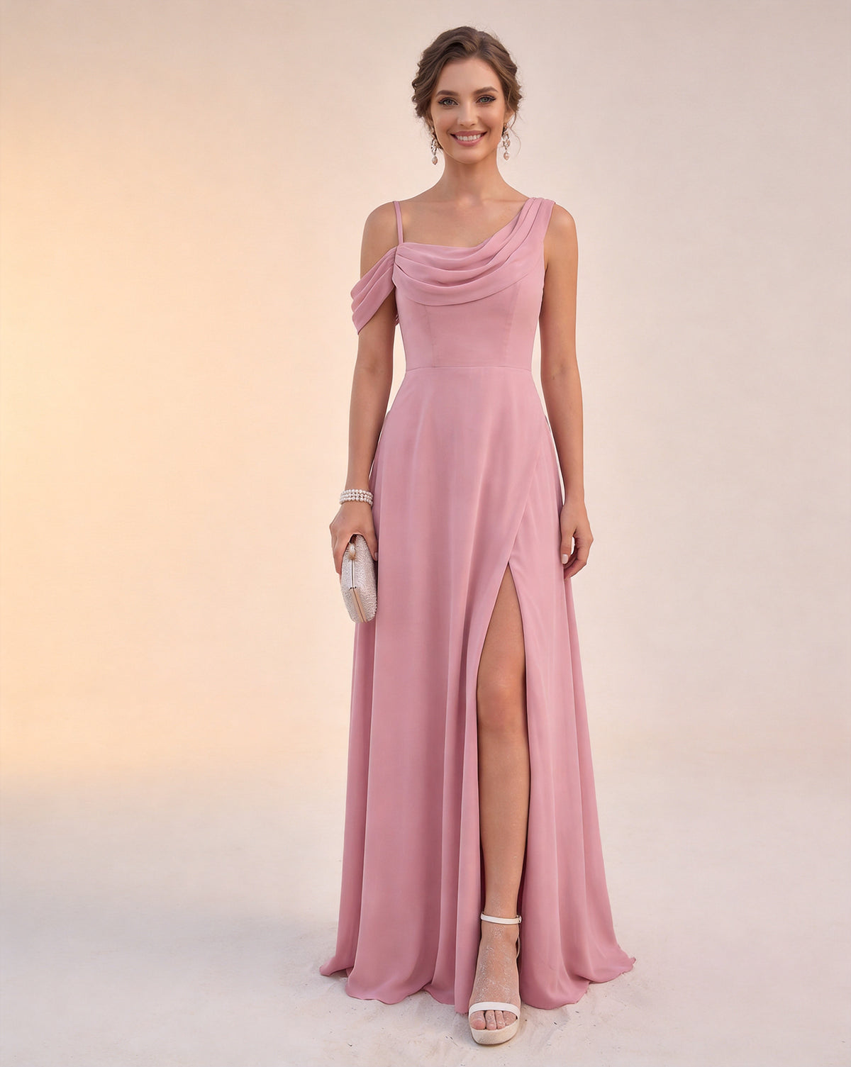 Sheath Column Cowl Neck Sleeveless Chiffon Floor-Length Bridesmaid Dress with Split Side XU00027