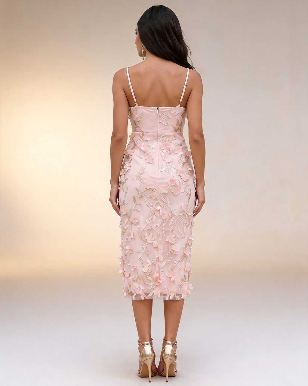 Vestido de Coquetel Coluna Bainha com Alças Finas Sem Mangas Comprimento Midi e Bordado Floral 3D XU00028