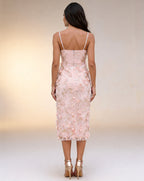 Vestido de Coquetel Coluna Bainha com Alças Finas Sem Mangas Comprimento Midi e Bordado Floral 3D XU00028