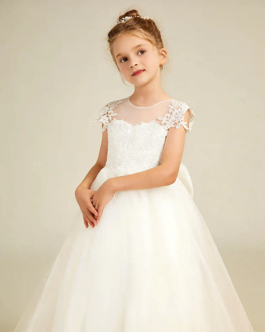 Cap Sleeve Applique Long Tulle Flower Girl Dress XU00031