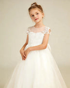 Cap Sleeve Applique Long Tulle Flower Girl Dress XU00031