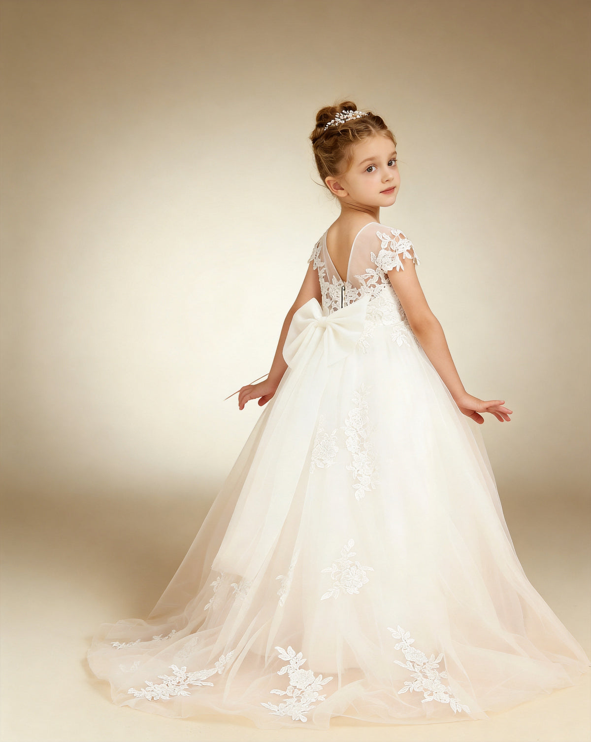 Cap Sleeve Applique Long Tulle Flower Girl Dress XU00031