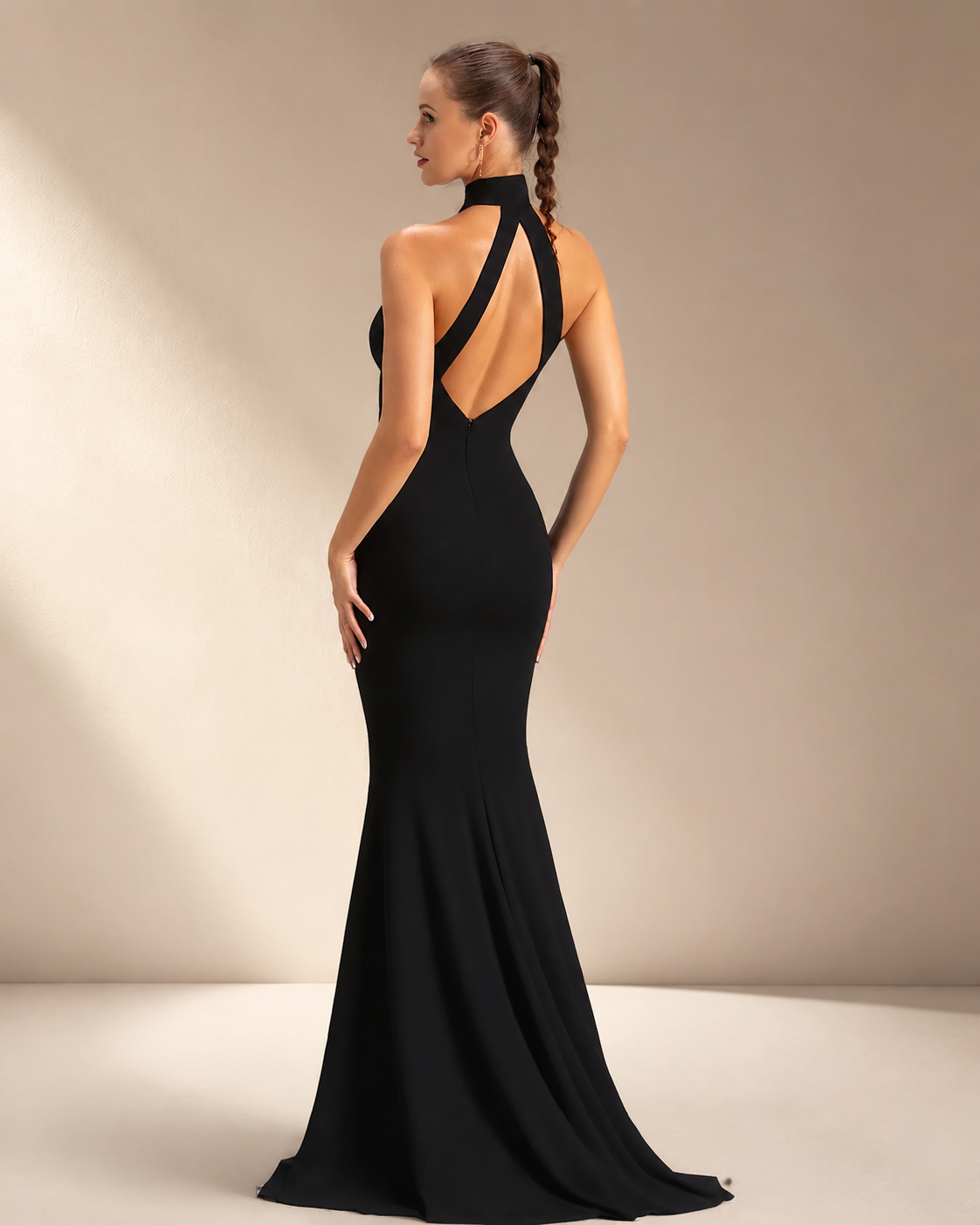 Halter Neck Mermaid Stretch Satin Gown - Back View