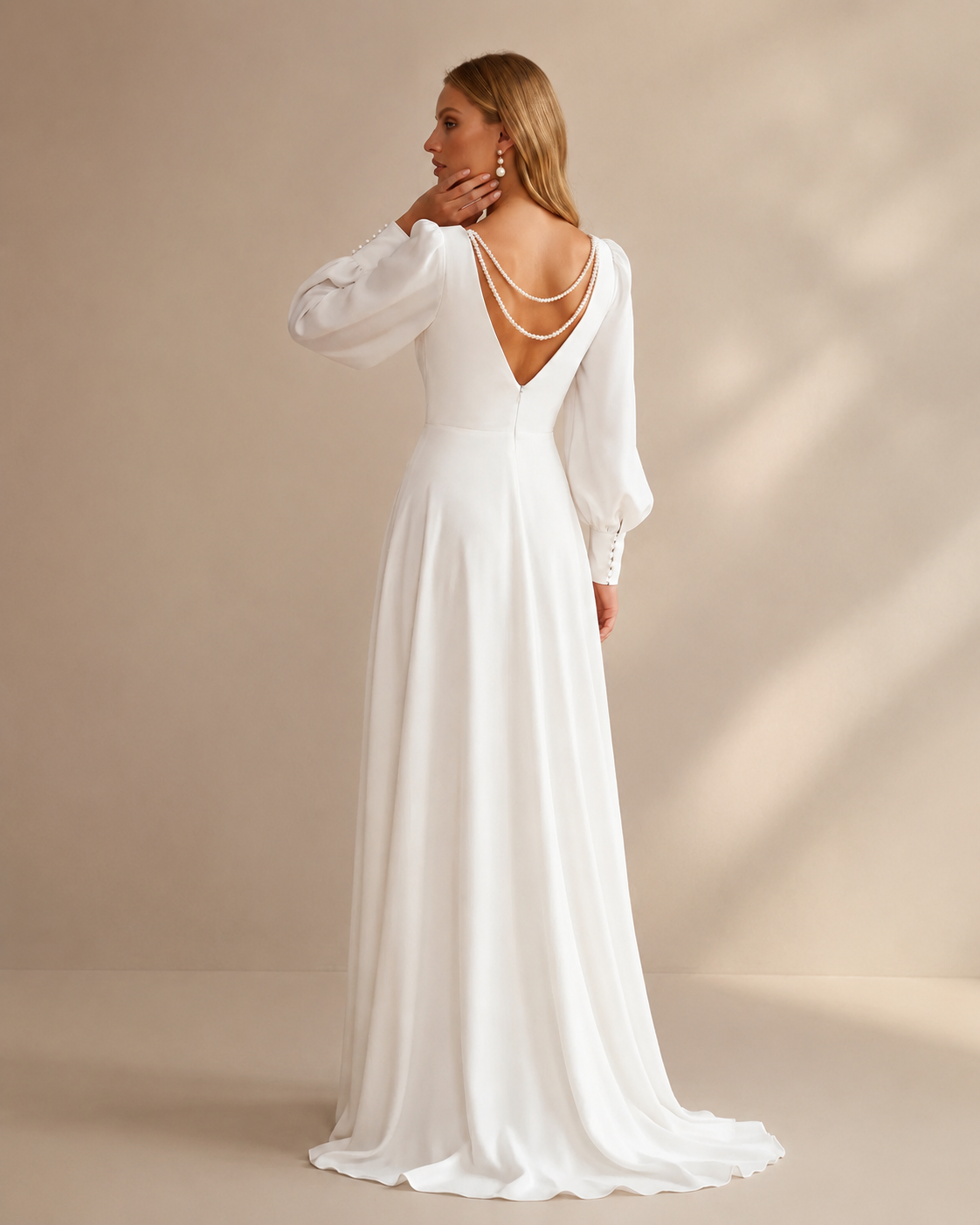 Deep V-Neck Satin A-Line Wedding Gown - Back View with Pearl Strands