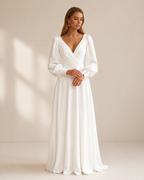 Deep V-Neck Satin A-Line Wedding Gown - Front View