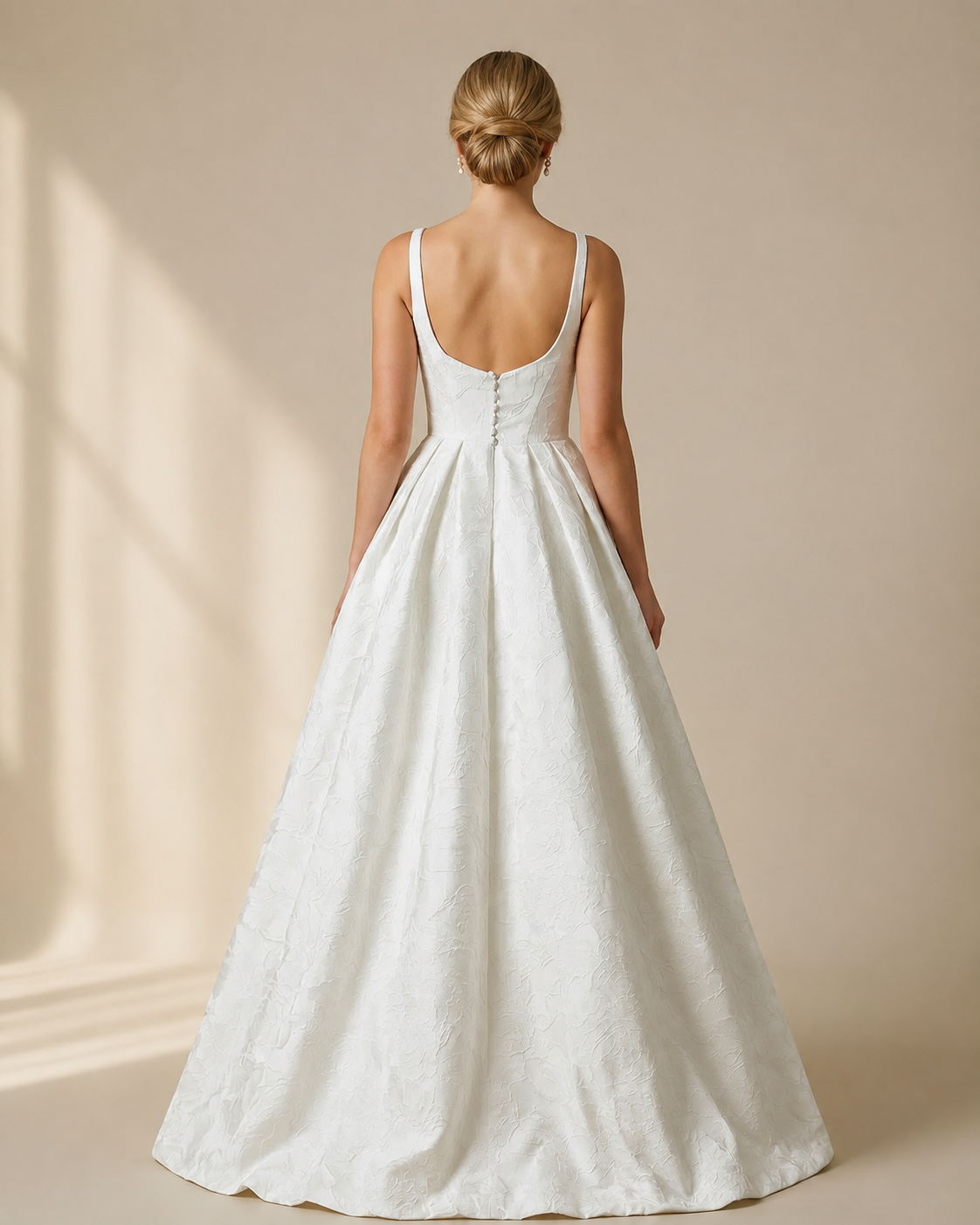 Square Neck Floral Jacquard Ball Gown - Back View with Pearl Buttons