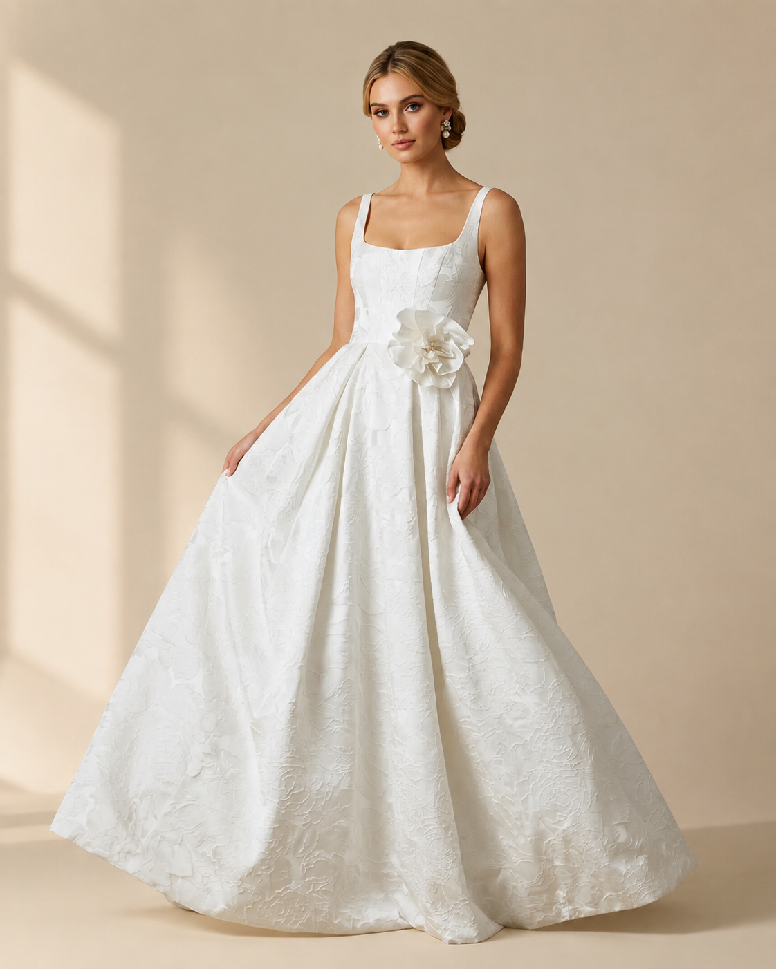 Square Neck Floral Jacquard Ball Gown with 3D Flower Detail - Front View
