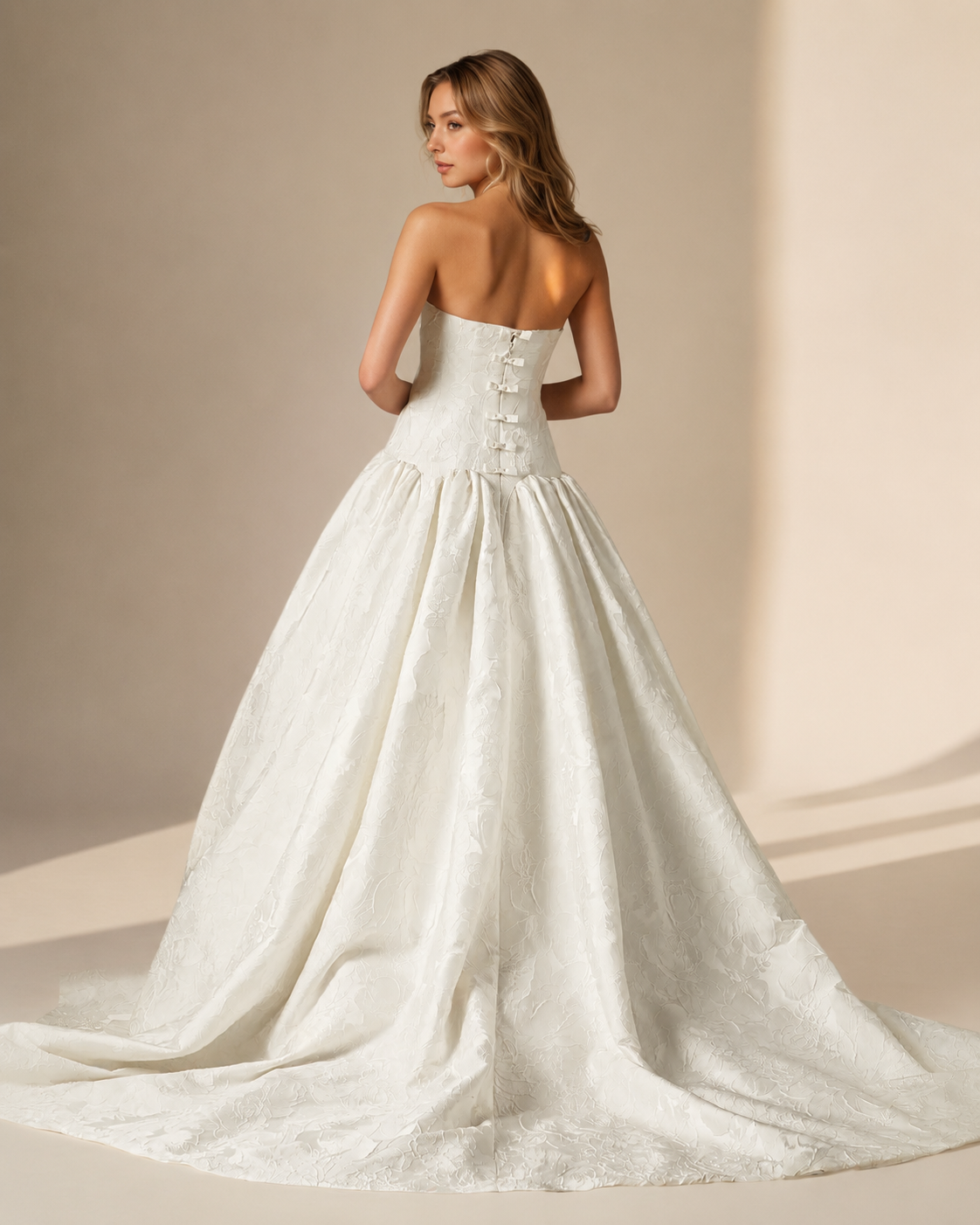 White Ball-Gown Strapless Floral Jacquard Wedding Dress - Back View with Bow Tie Closures