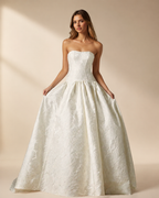 White Ball-Gown Strapless Floral Jacquard Wedding Dress - Front Full View