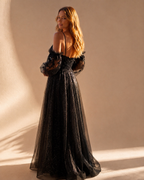 Black Glitter Tulle Prom Dress - Back View with Corset Wrap