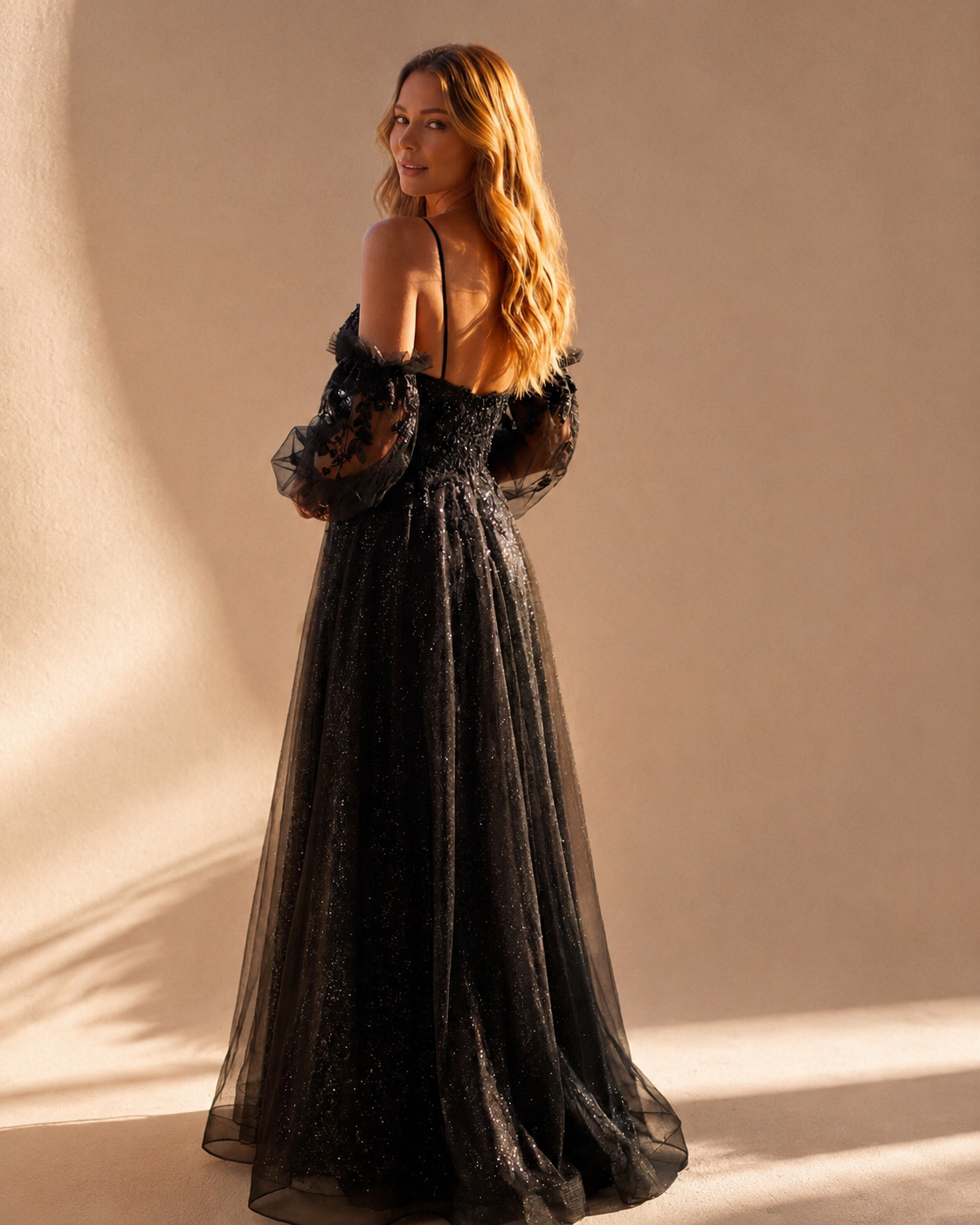 Black Glitter Tulle Prom Dress - Back View with Corset Wrap