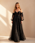 Black Glitter Tulle A-Line Off-Shoulder Balloon Sleeves Corset Prom Dress - Front View