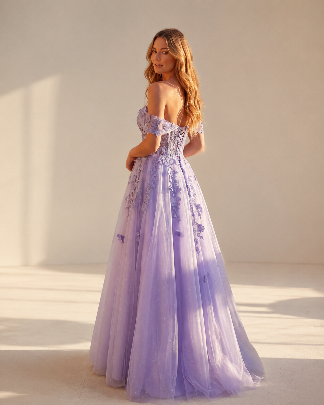 Pastel Lilac Glitter Tulle Off-Shoulder Corset Ball Gown Prom Dress - Back Lace-Up Detail