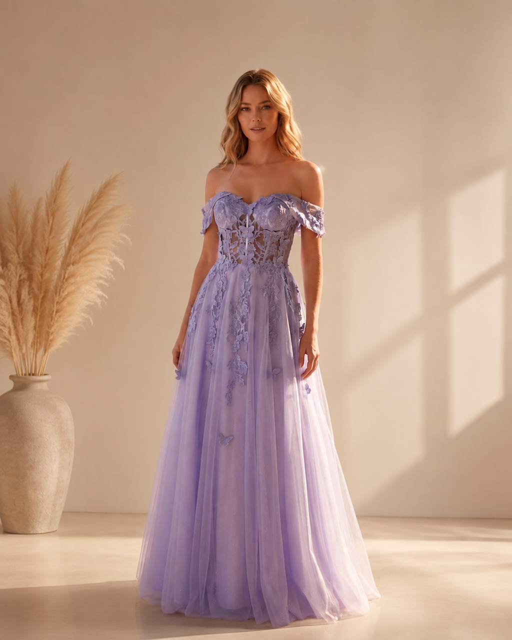 Pastel Lilac Glitter Tulle Off-Shoulder Corset Ball Gown Prom Dress - Front Full View
