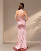 Satin Strappy Criss-Cross Corset Side Slit Long Prom Dress - Back Criss-Cross Straps Detail
