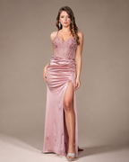 Satin Strappy Criss-Cross Corset Side Slit Long Prom Dress - Front Full View