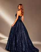 Strapless Beaded Lace Scoop Neck Ball Gown - Back Lace-Up Detail